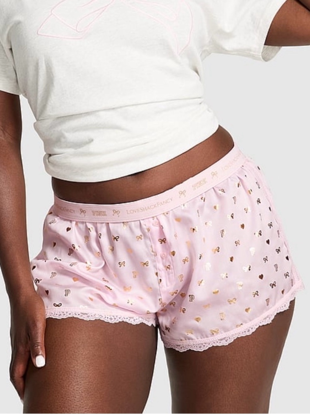 New Medium Large Victoria’s Secret PINK LoveShackFancy Foil Boxer Shorts Pajamas